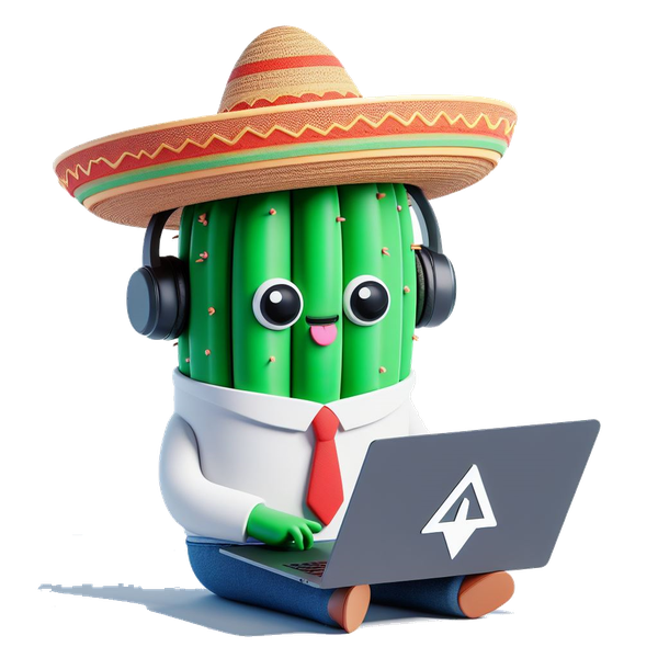Cactus escuchando música, vestido de mejicano cob bata blanca y con un ordenador de fondo, programando sus pipelines